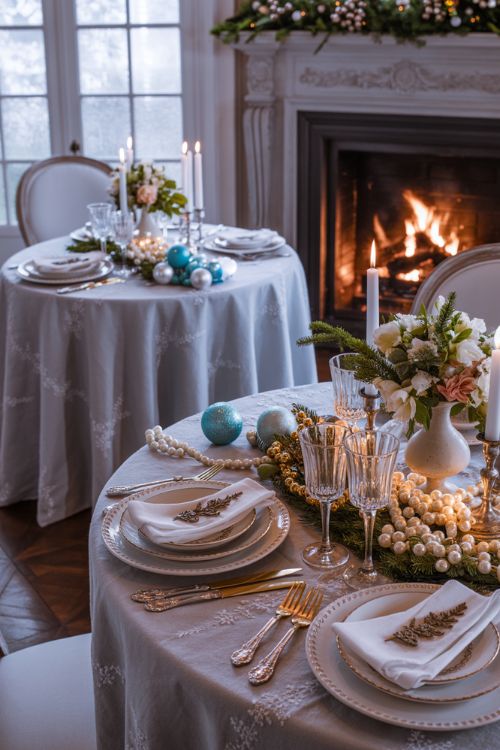 Christmas dining room with unique themed decor including Victorian lace and pearls, French country pastels and florals, and blue-and-white modern accents, creating a stylish and festive holiday atmosphere.