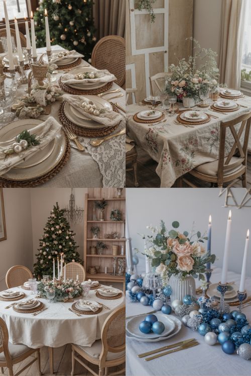 Christmas dining room with unique themed decor including Victorian lace and pearls, French country pastels and florals, and blue-and-white modern accents, creating a stylish and festive holiday atmosphere.