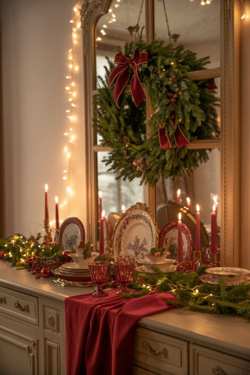 Christmas dining room with wreath above buffet, candles, ribbons, vintage china, holiday figurines, and fairy lights on walls, creating a layered and festive holiday atmosphere.