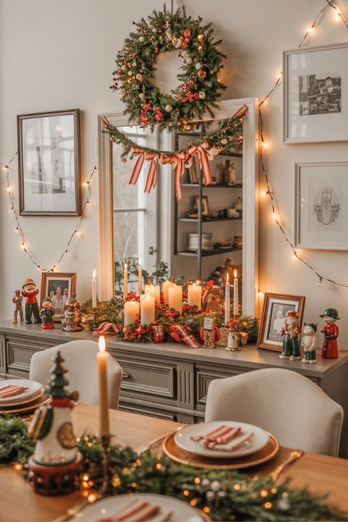 Christmas dining room with wreath above buffet, candles, ribbons, vintage china, holiday figurines, and fairy lights on walls, creating a layered and festive holiday atmosphere.