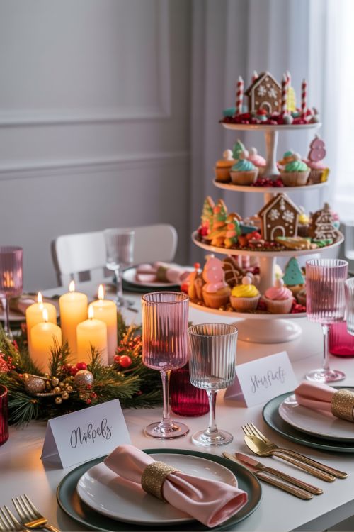 Christmas party table decor with candle centerpiece, candyland dessert table, coordinated festive tableware, and modern holiday color palette