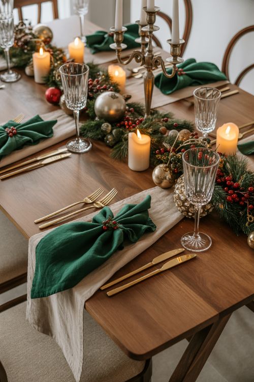 Christmas table decor ideas with metallic accents, rustic wood, jewel-toned napkins, gold cutlery, greenery garlands with cranberries, and a vintage centerpiece for a cozy festive look.