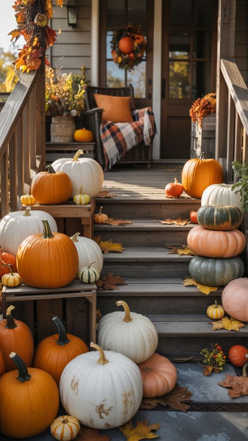 Classic Thanksgiving Porch Decor with Pumpkins and Gourds