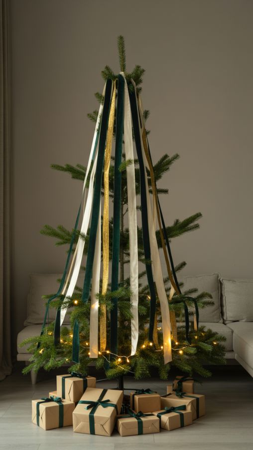 Coordinating Garlands and Ribbons on a Slim Christmas Tree