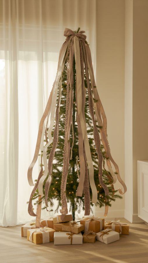 Coordinating Garlands and Ribbons on a Slim Christmas Tree