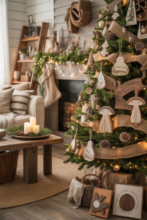 A cozy cottage-style living room decorated with rustic and cottagecore Christmas décor featuring burlap, woodland animal ornaments, mushrooms, pinecones, and fairy lights for a warm and inviting holiday look
