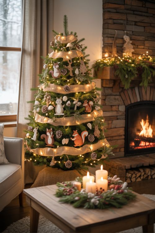 A cozy cottage-style living room decorated with rustic and cottagecore Christmas décor featuring burlap, woodland animal ornaments, mushrooms, pinecones, and fairy lights for a warm and inviting holiday look