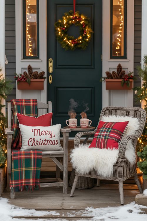 Cozy Christmas Front Porch with Blankets and Pillows