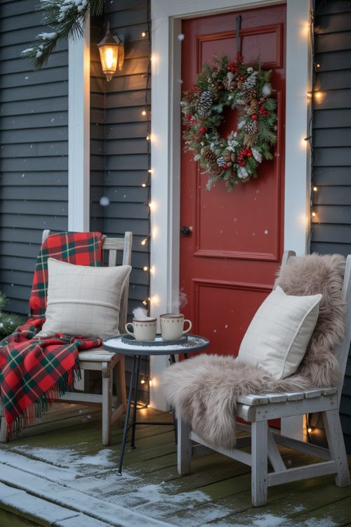 Cozy Christmas Front Porch with Blankets and Pillows