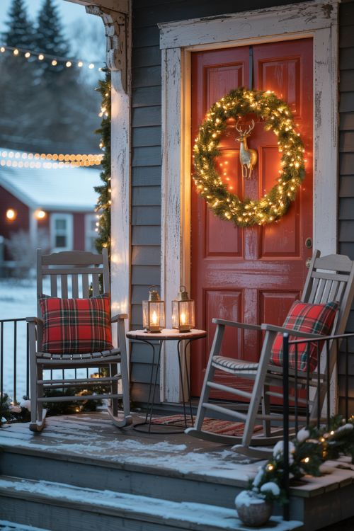 Cozy Christmas Front Porch with Wreath and String Lights