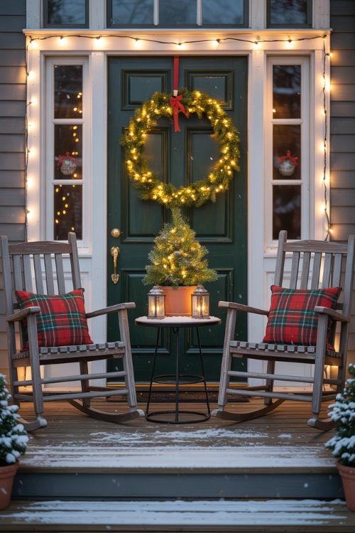 Cozy Christmas Front Porch with Wreath and String Lights