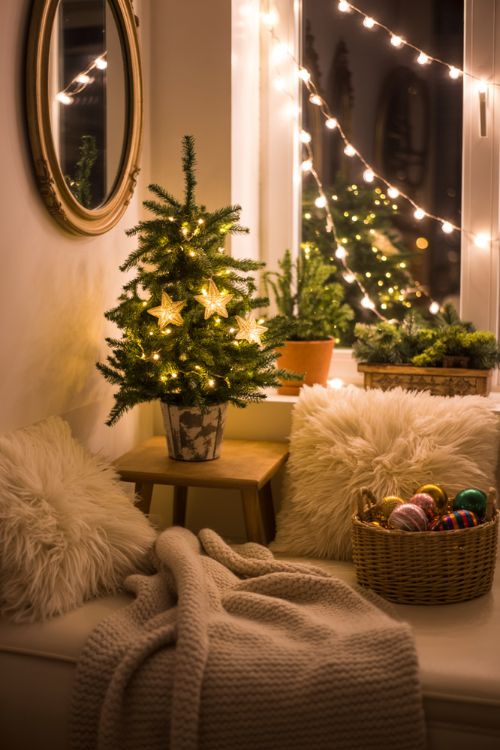 Small apartment corner decorated with a micro Christmas tree, cushions, blanket, potted evergreens, and a basket of ornaments, creating a cozy, festive holiday nook