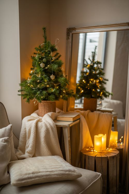 Small apartment corner decorated with a micro Christmas tree, cushions, blanket, potted evergreens, and a basket of ornaments, creating a cozy, festive holiday nook