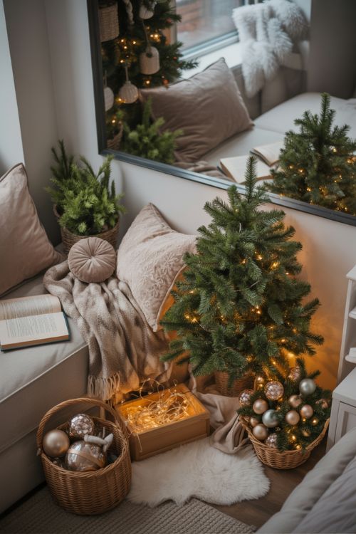 Small apartment corner decorated with a micro Christmas tree, cushions, blanket, potted evergreens, and a basket of ornaments, creating a cozy, festive holiday nook
