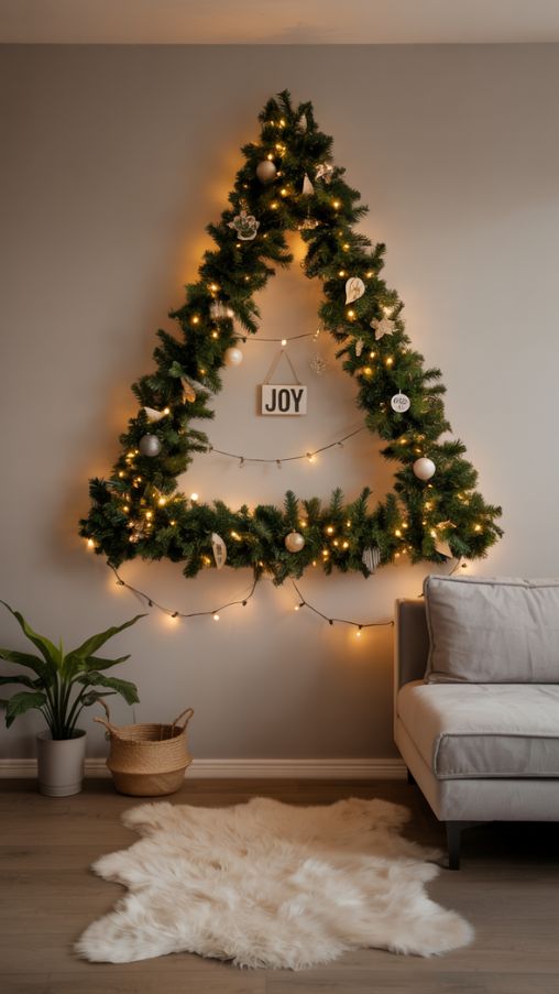 Cozy Wall-Mounted Christmas Tree Alternative in Apartment