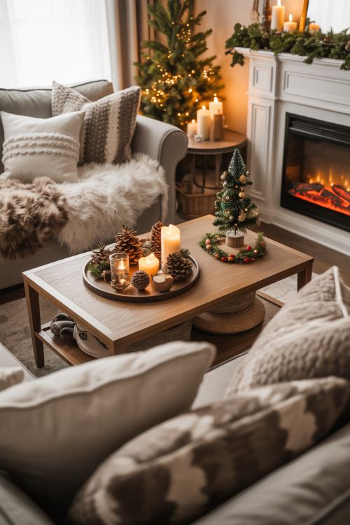 Cozy Winter Living Room Decor – Layered Textures and Festive Touches