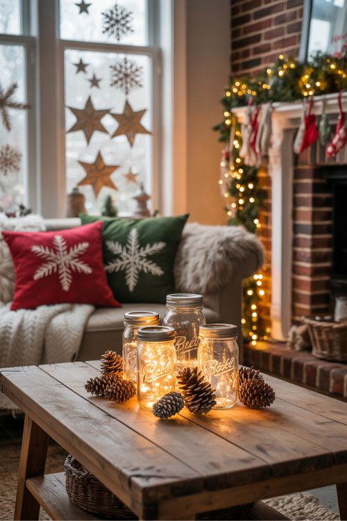Cozy living room decorated with budget-friendly Christmas decor, including mason jars with fairy lights, DIY garlands, festive pillows and throws, and paper snowflakes on windows, creating a warm and inviting holiday atmosphere