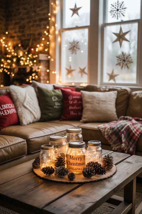 Cozy living room decorated with budget-friendly Christmas decor, including mason jars with fairy lights, DIY garlands, festive pillows and throws, and paper snowflakes on windows, creating a warm and inviting holiday atmosphere