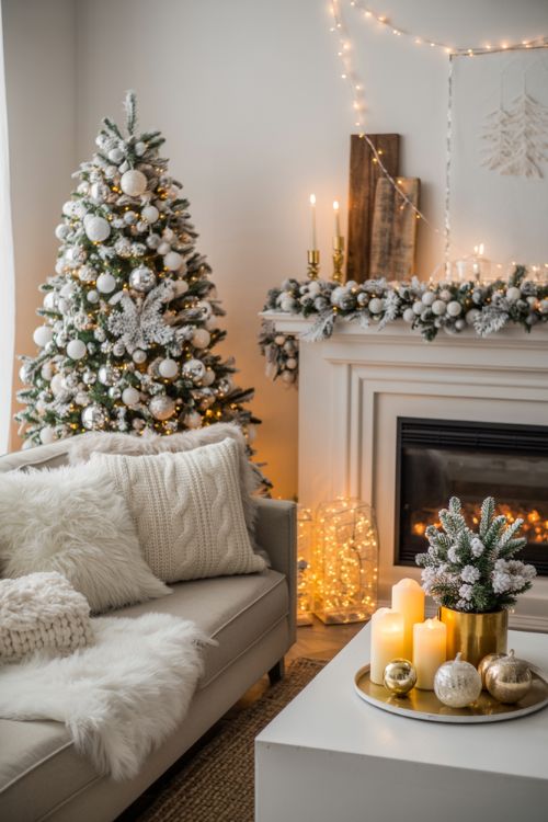 Cozy living room with a flocked Christmas tree, white faux fur throws, fairy lights, and silver and gold accents for an elegant white Christmas decor theme