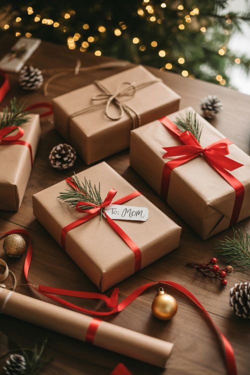 Creative Christmas wrapping ideas featuring gifts wrapped in kraft paper with copper and red ribbons, pine sprigs, and festive decorations on a cozy wooden table.