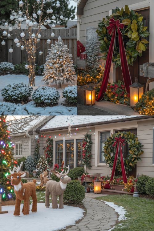 Front yard decorated for Christmas with a Winter Wonderland theme, elegant wreaths, velvet ribbons, animated reindeer, and music-synced lights, blending whimsical and classic styles.
