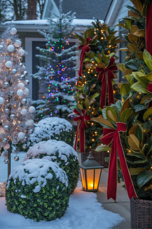 Front yard decorated for Christmas with a Winter Wonderland theme, elegant wreaths, velvet ribbons, animated reindeer, and music-synced lights, blending whimsical and classic styles.