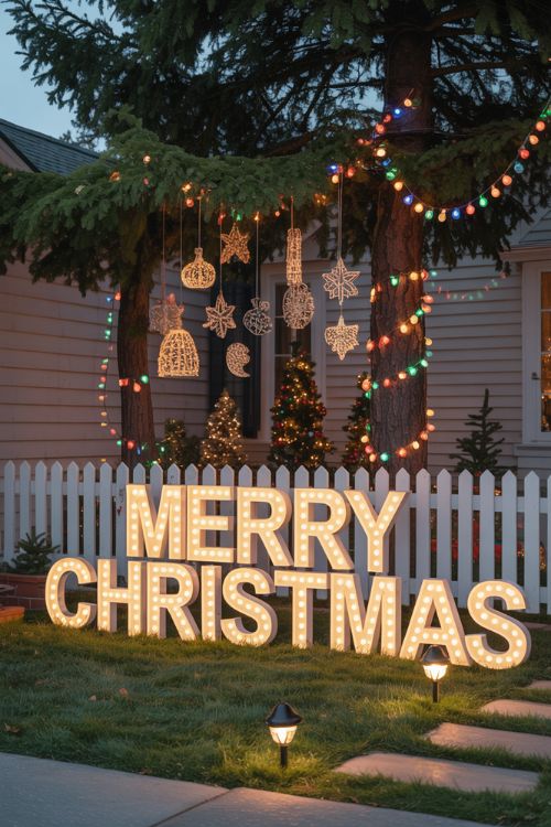 Christmas yard decorated with LED string lights, spotlights, solar-powered lights, multi-color and warm white lights, highlighting ornaments, trees, and DIY decorations for a festive and magical ambiance
