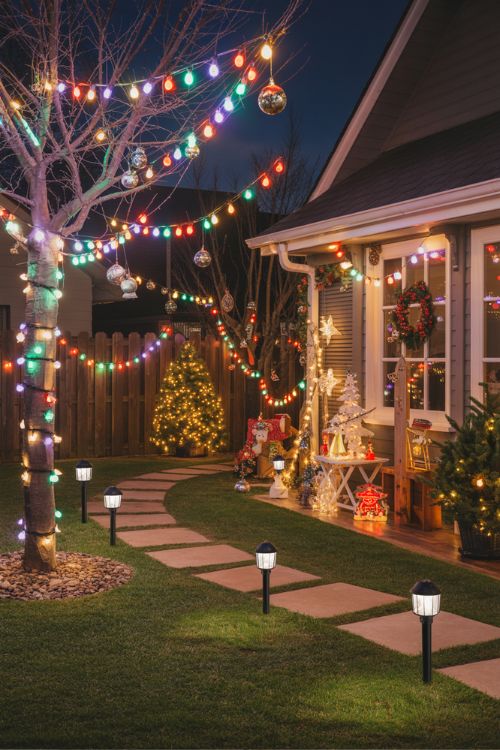 Christmas yard decorated with LED string lights, spotlights, solar-powered lights, multi-color and warm white lights, highlighting ornaments, trees, and DIY decorations for a festive and magical ambiance