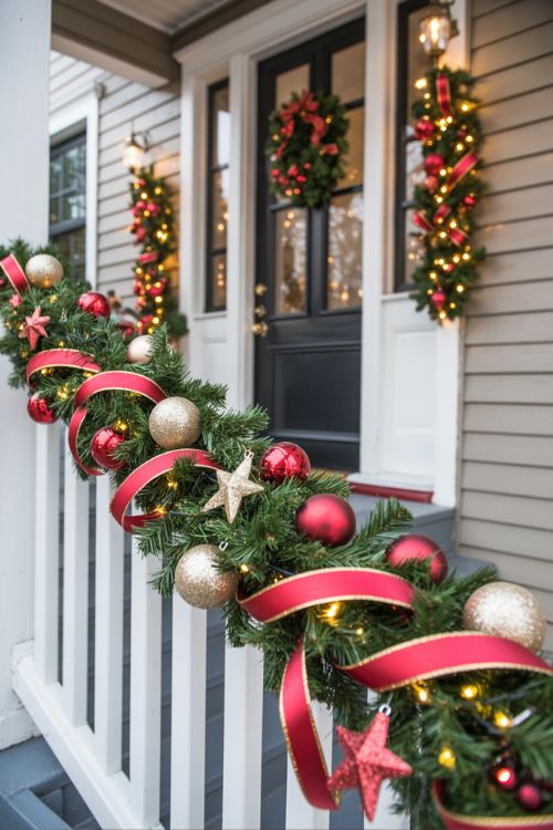 Creative Ribbons and Ornaments for Christmas Porch Decorating
