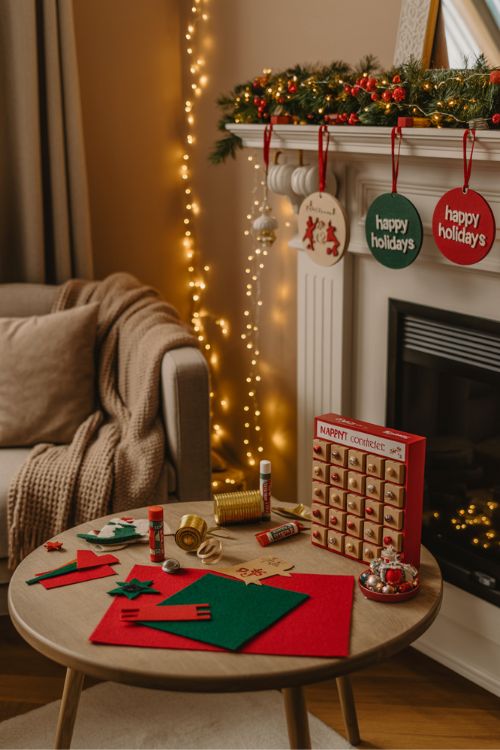 Festive room with handmade Christmas crafts for special occasions, including DIY advent calendars, New Year ornaments, and creatively wrapped gifts.