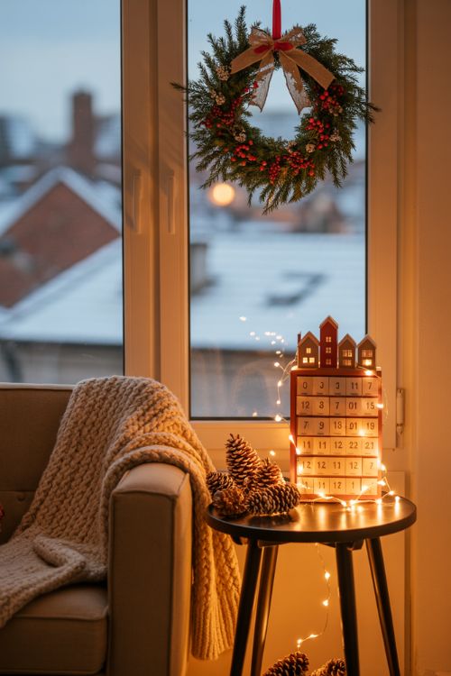 Small apartment interior decorated with DIY Christmas wreaths, mini ornaments, and a mini advent calendar, showcasing cozy, budget-friendly, and personalized holiday decor ideas