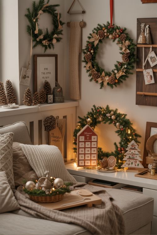 Small apartment interior decorated with DIY Christmas wreaths, mini ornaments, and a mini advent calendar, showcasing cozy, budget-friendly, and personalized holiday decor ideas