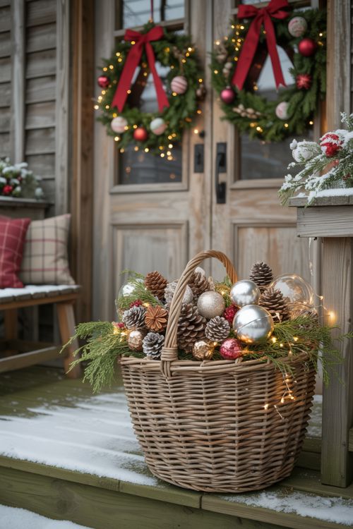 DIY Christmas Front Porch with Basket Arrangement