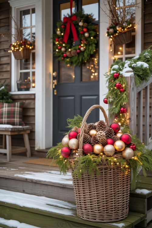 DIY Christmas Front Porch with Basket Arrangement