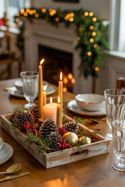 DIY Christmas Table Centerpiece with Candles, Pinecones, and Berries