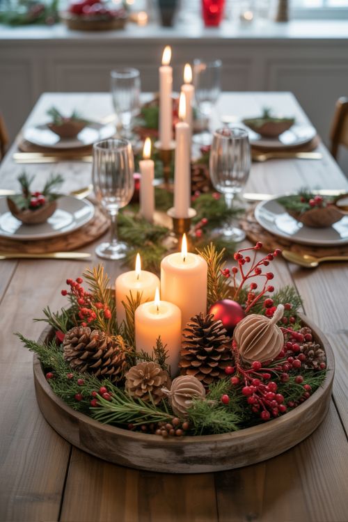 DIY Christmas Table Centerpiece with Candles, Pinecones, and Berries