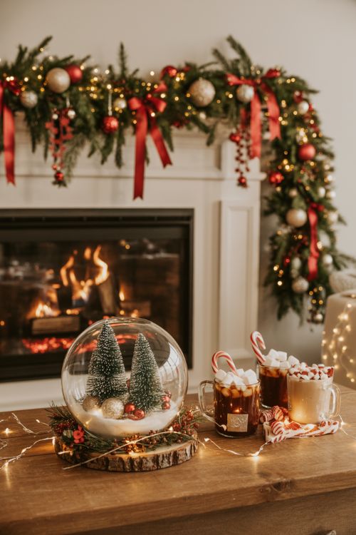 DIY Christmas party decor ideas with handmade mantle garland, snow globe centerpiece, hot cocoa station, and hand-painted ornaments in a cozy living room.