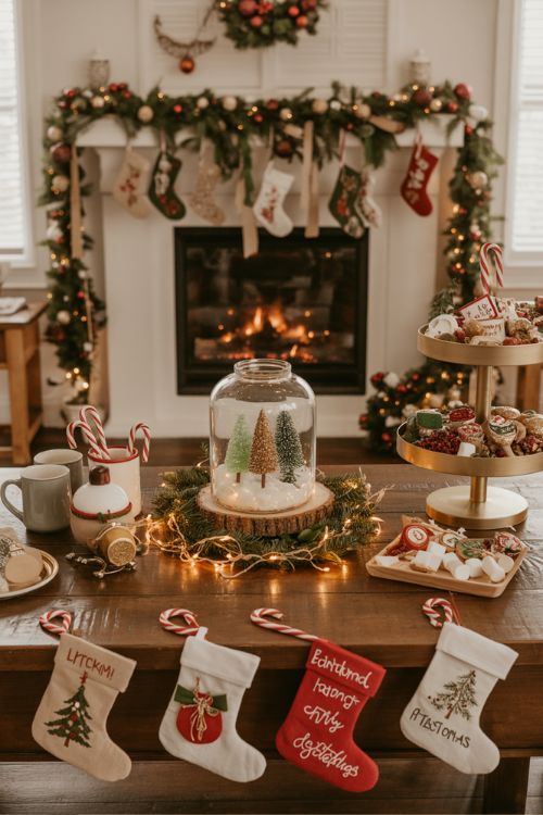 DIY Christmas party decor ideas with handmade mantle garland, snow globe centerpiece, hot cocoa station, and hand-painted ornaments in a cozy living room.