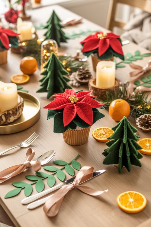 DIY Christmas table decor ideas featuring cupcake liner poinsettias, felt trees, orange and clove pomanders, satin ribbon-wrapped silverware, and leaf garlands for a whimsical, handcrafted festive look.