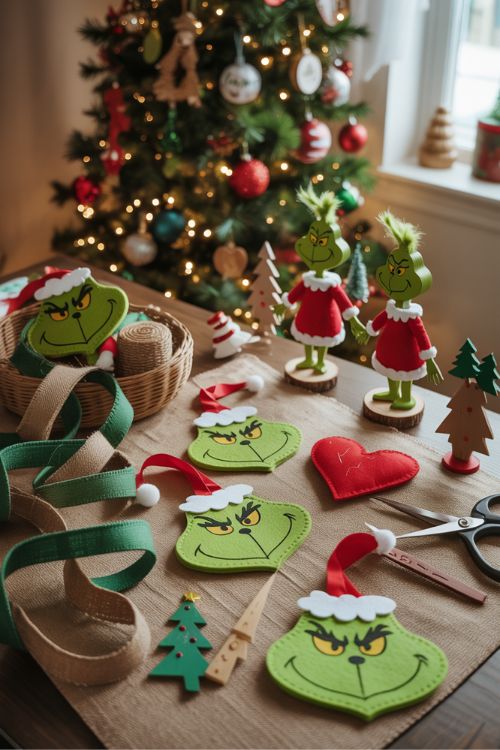 DIY Grinch Christmas ornaments and crafts on a holiday table, including felt Grinch heads, burlap garlands, wooden figurines, and a small Grinch heart decoration.