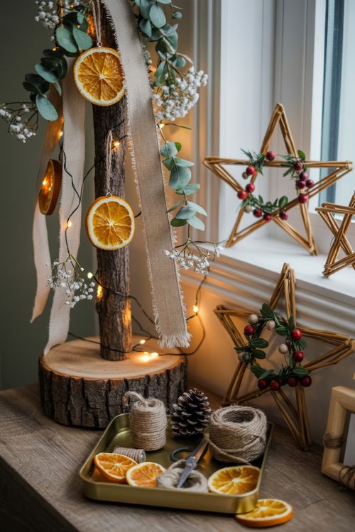 DIY natural Christmas ornaments including dried orange slices, eucalyptus sprigs, twig stars, and frayed canvas ribbon on a rustic tree and mantel.