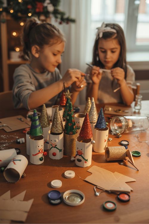 Festive crafting table with Christmas decorations made from toilet paper rolls, glitter, paint, and recycled materials, with children crafting.