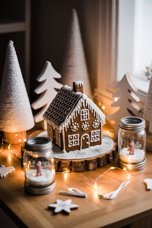 DIY white Christmas decorations including yarn-wrapped mini trees, wooden ornaments, mason jar snow globes, and gingerbread houses with white icing for festive holiday crafts.