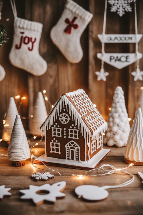DIY white Christmas decorations including yarn-wrapped mini trees, wooden ornaments, mason jar snow globes, and gingerbread houses with white icing for festive holiday crafts.