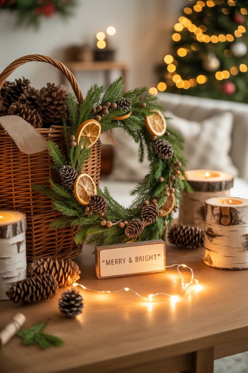 Cozy crafting scene with pinecone ornaments, rustic candle holders, handmade wreaths, and dried orange garlands, creating a warm and personal Woodsy Christmas ambiance.