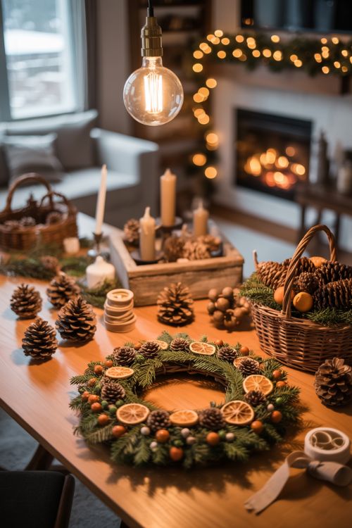 Cozy crafting scene with pinecone ornaments, rustic candle holders, handmade wreaths, and dried orange garlands, creating a warm and personal Woodsy Christmas ambiance.