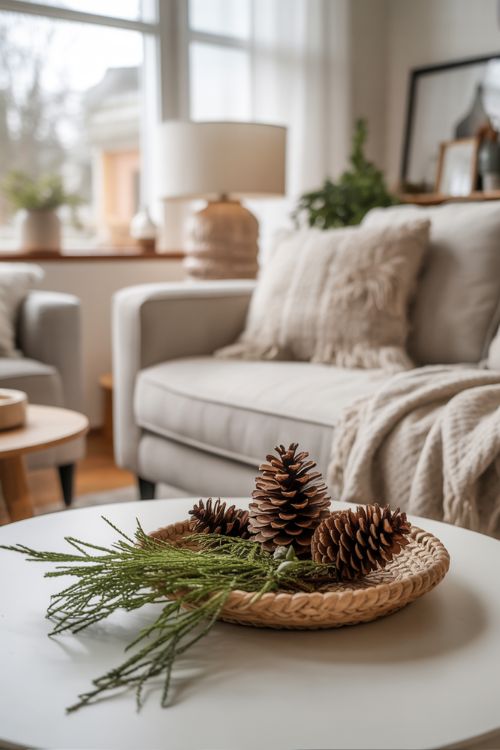 Minimalist winter living room with decluttered surfaces, neutral furniture, and a few cozy seasonal accents for a serene home.