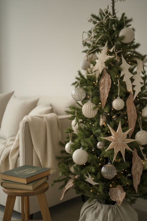 A minimalist Christmas tree decorated with matte porcelain baubles, folded paper ornaments, clay leaves, hanging pinecones, and a few sparkling glass ornaments, set in a cozy living room with neutral tones and soft lighting