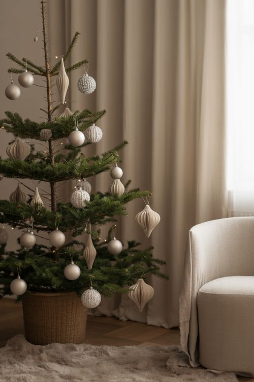 A minimalist Christmas tree decorated with matte porcelain baubles, folded paper ornaments, clay leaves, hanging pinecones, and a few sparkling glass ornaments, set in a cozy living room with neutral tones and soft lighting