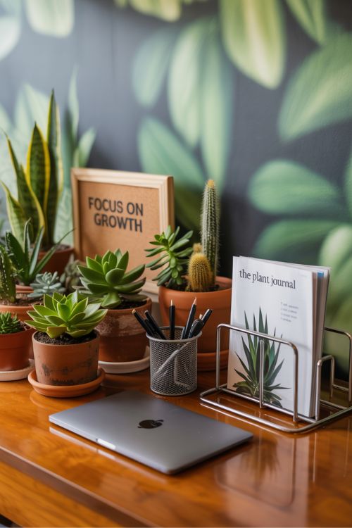 A modern home office desk featuring small succulents, snake plants, and aloe alongside organized desk accessories and motivational decor, creating a calm and inspiring workspace.